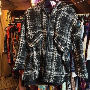 Maje Black and White Plaid Teddy Jacket for Cold Weather reversible